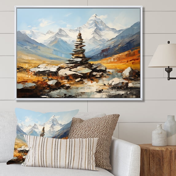 Designart "Echo of Mountain Spiritual Stone" Landscapes Floater Framed Wall Art Living Room