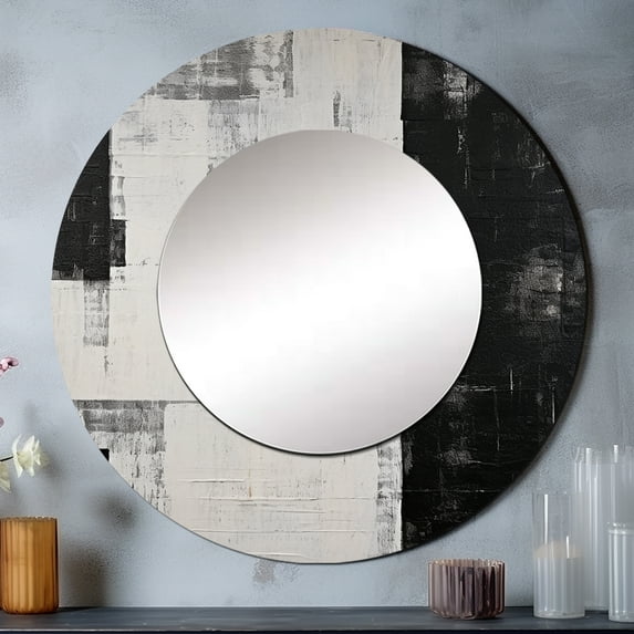 Designart "Echoes Of Abstract Ebony" Abstract Shapes Rund Mirror For Wall Decor - Large Black Round Print Mirror - Round Modern Mirror - Wall Mounted Round Large Mirror - 23" x 23"