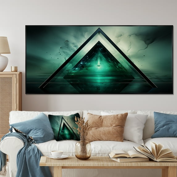 Designart "Echoes of Pyramid Green Abstract Harmony I" Extra Large Abstract Framed Wall Art - Modern Green Abstract Geometric Bedroom Framed Canvas Wall Art