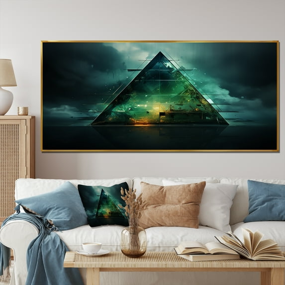 Designart "Echoes of Pyramid Green Abstract Harmony II" Oversized Abstract Framed Wall Art - Modern Green Abstract Geometric Entryway Framed Wall Art Print
