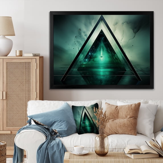 Designart "Echoes of Pyramid Green Abstract Harmony I" Abstract Framed Wall Art Decor - Modern Green Abstract Geometric Hallway Framed Wall Art Decor