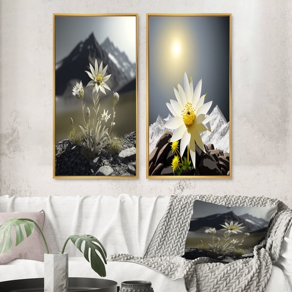 Designart "Edelweiss Flower Blossoming Under the Sun II" Other Plants & Flowers Framed Wall Art Set Of 2 - Traditional White Gallery Wall Frame Set For Home Decor