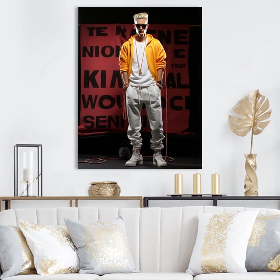 Designart "Edgy Streetwear Man Breakdancing I" Fashion Canvas Wall Art - Glam Yellow Fashion Illustration Bedroom Canvas Wall Art