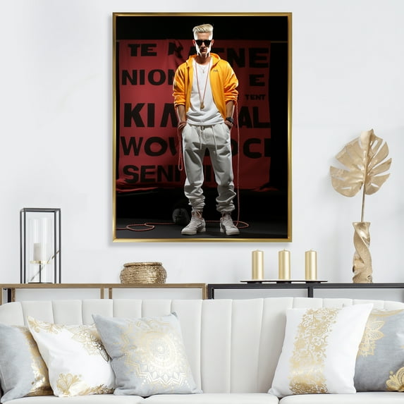 Designart "Edgy Streetwear Man Breakdancing I" Fashion Framed Wall Art - Glam Yellow Fashion Illustration Hallway Framed Wall Art Decor