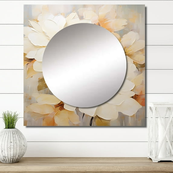 Designart "Effortless Natural Charm" Rhododendron Square Mirror For Wall Decor - Large Beige Square Mirror Printed Wall Decor - Traditional Square Living Room Mirror