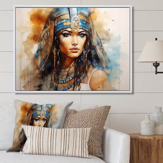 Designart "Egyptian Elegance Gold and Blue Pharaoh's Woman I" Landscapes Framed Wall Art - Traditional Gold Egypt Entryway Framed Wall Art Print