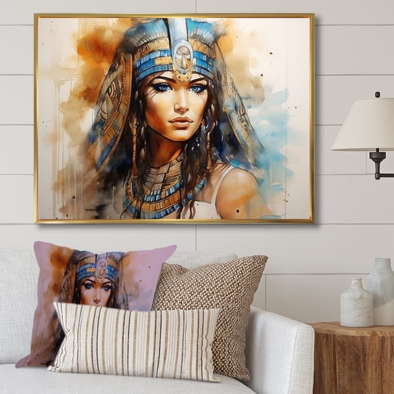 Designart "Egyptian Elegance Gold and Blue Pharaoh's Woman I" Landscapes Framed Wall Art - Traditional Gold Egypt Entryway Framed Wall Art Print