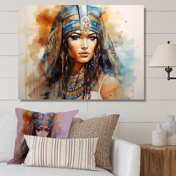 Designart "Egyptian Elegance Gold and Blue Pharaoh's Woman I" Landscapes Wall Art - Traditional Gold Egypt Living Room Canvas Art