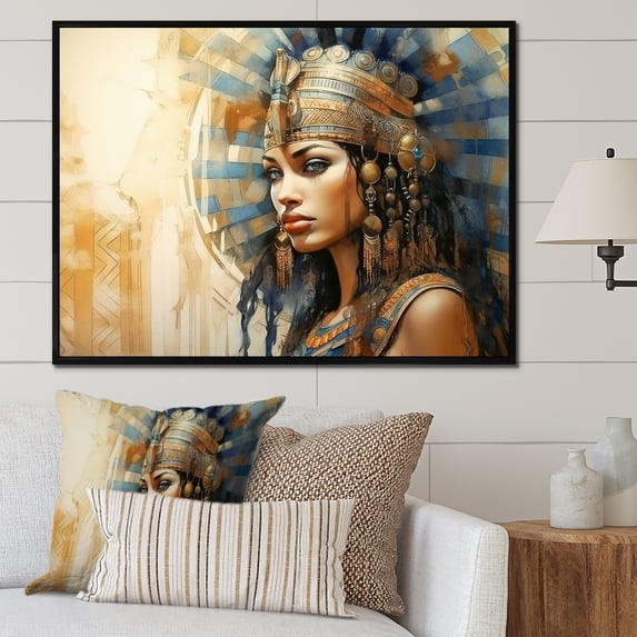 Designart "Egyptian Elegance Gold and Blue Pharaoh's Woman IV" Landscapes Framed Wall Art - Traditional Gold Egypt Living Room Framed Canvas Art