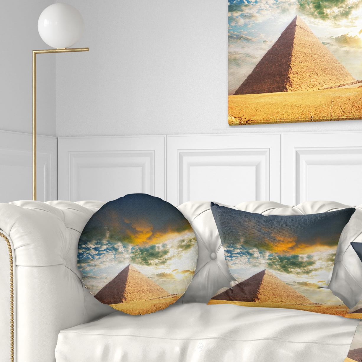 Designart Egyptian Pyramid under Cloudy Skies - Modern Landscape Printed Throw Pillow - 12x20