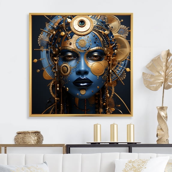 Designart "Egyptian Tribal Queen in Gold and Blue II" Fashion Framed Wall Art - Glam Gold Woman Egyptian Living Room Framed Canvas Art