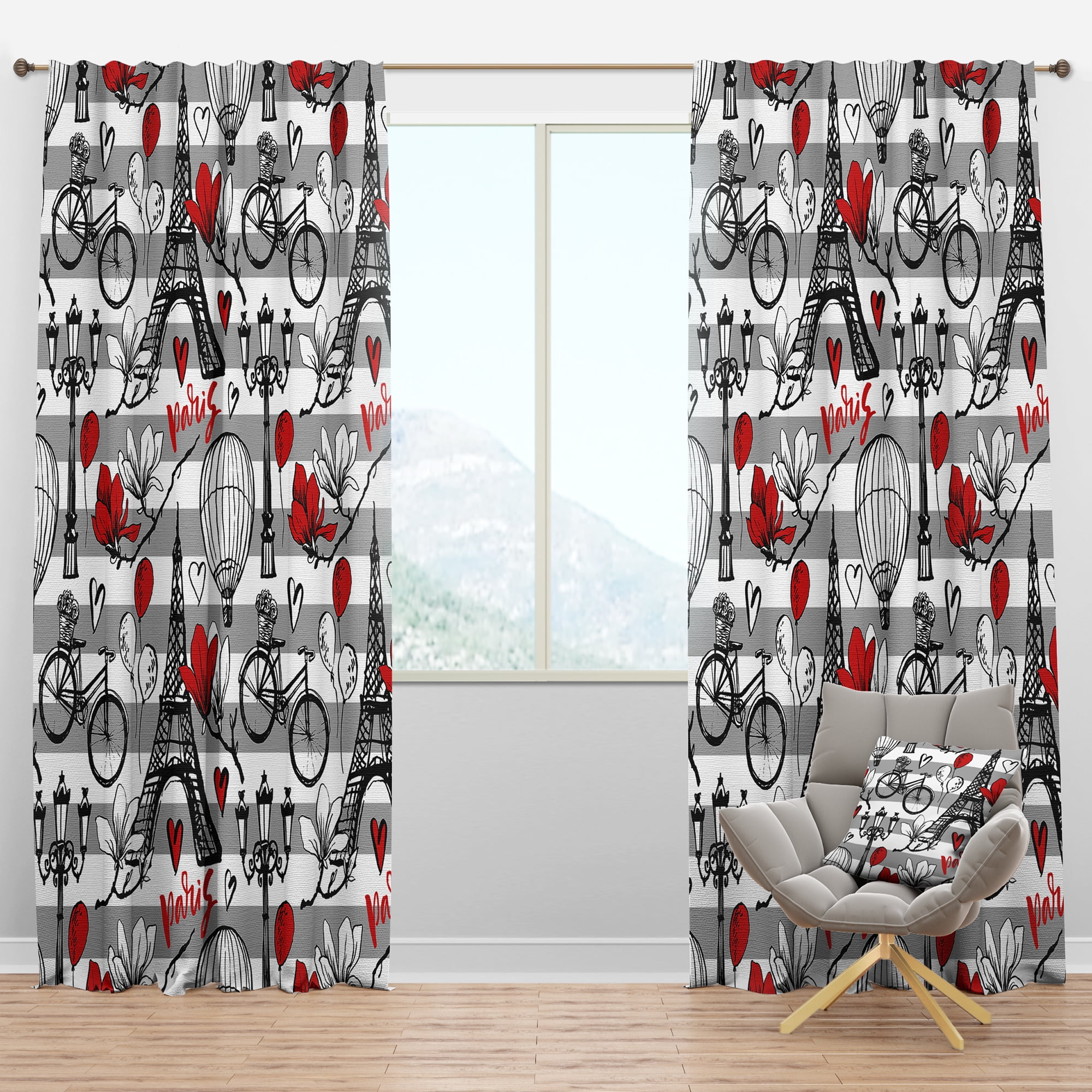 Designart 'Eiffel Tower Paris Red Hearts II' Mid-Century Modern Blackout Curtain Panel