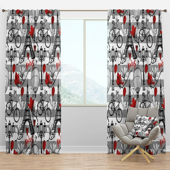 Designart 'Eiffel Tower Paris Red Hearts II' Mid-Century Modern Blackout Curtain Panel