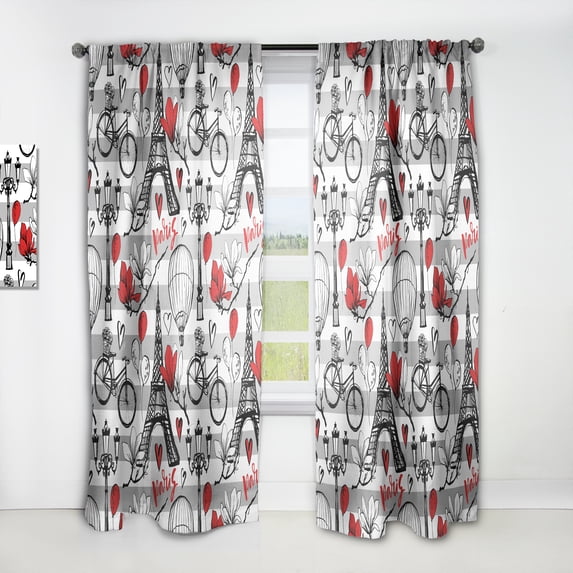 Designart 'Eiffel Tower Paris Red Hearts II' Mid-Century Modern Curtain Panel