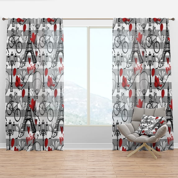 Designart 'Eiffel Tower Paris Red Hearts II' Mid-Century Modern Curtain Panel