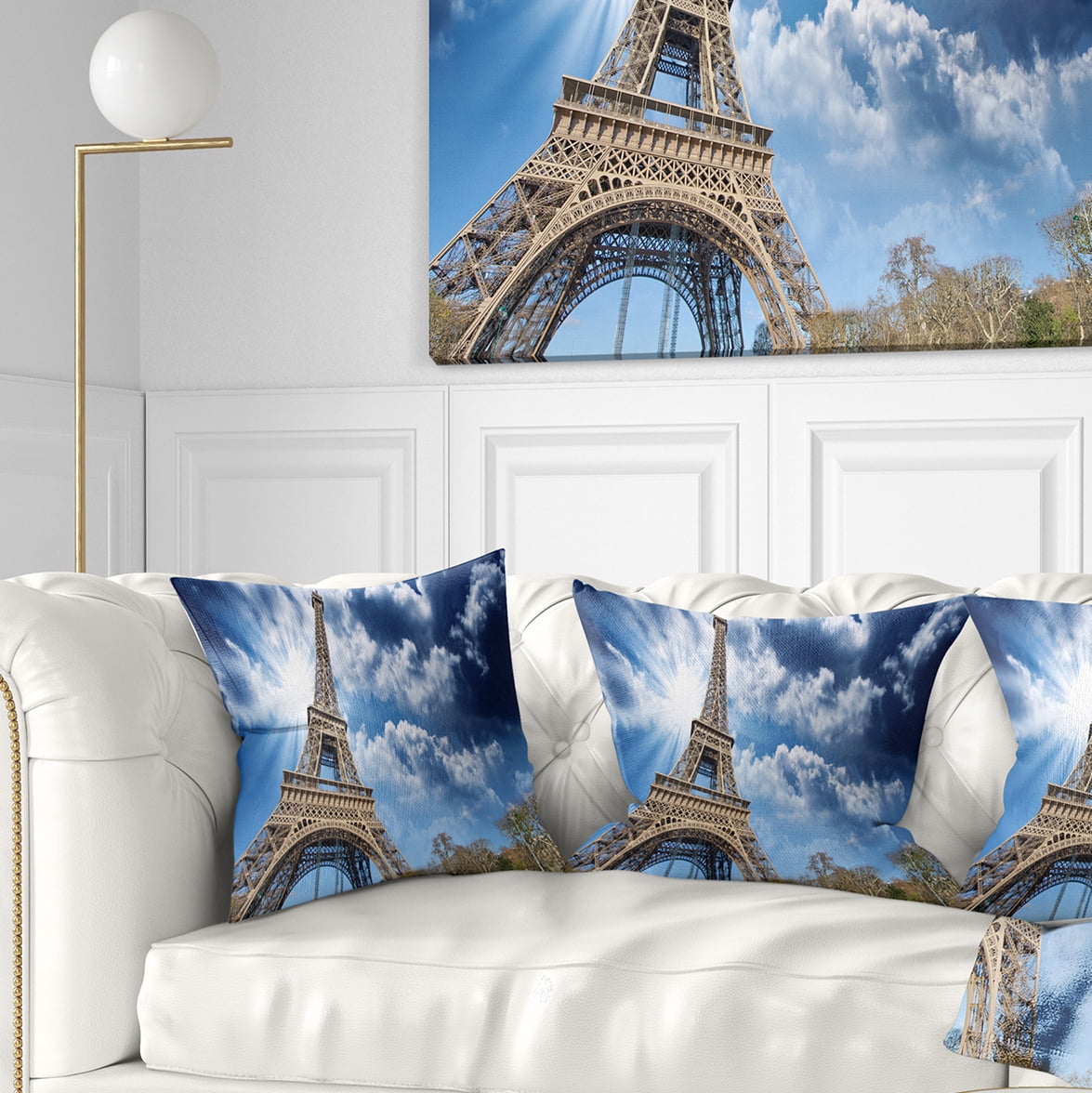Designart Eiffel Under Blue Sky - Skyline Photography Throw Pillow - 18x18