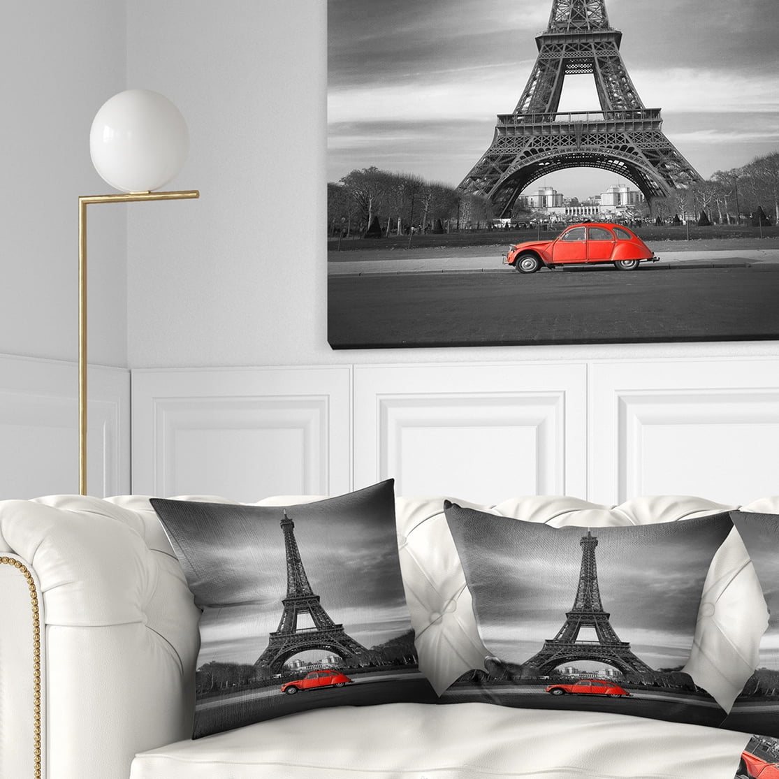Designart Eiffel and Old Red Car - Landscape Printed Throw Pillow - 18x18