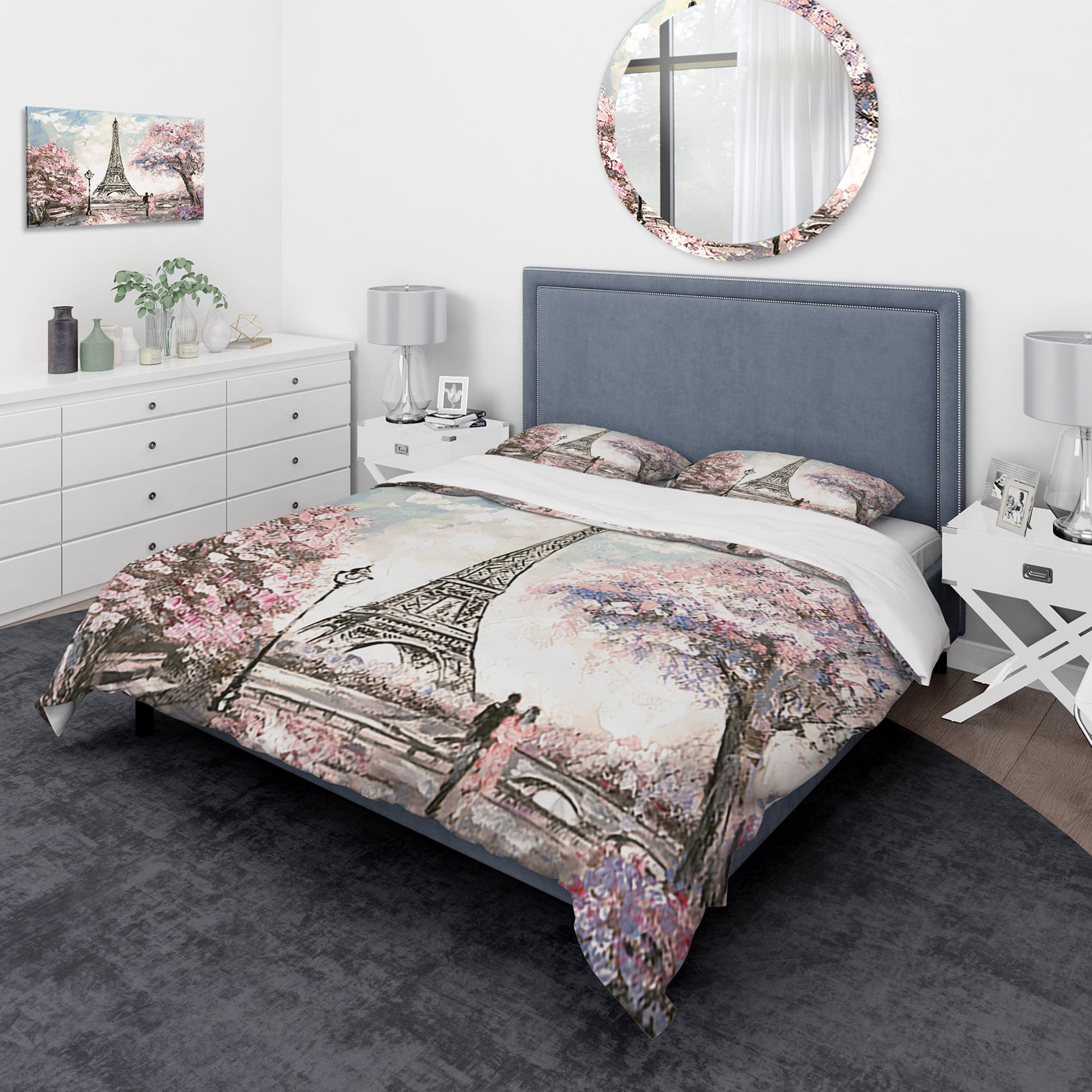 Designart 'Eiffel with Pink Flowers' Global Inspired Duvet Cover Set