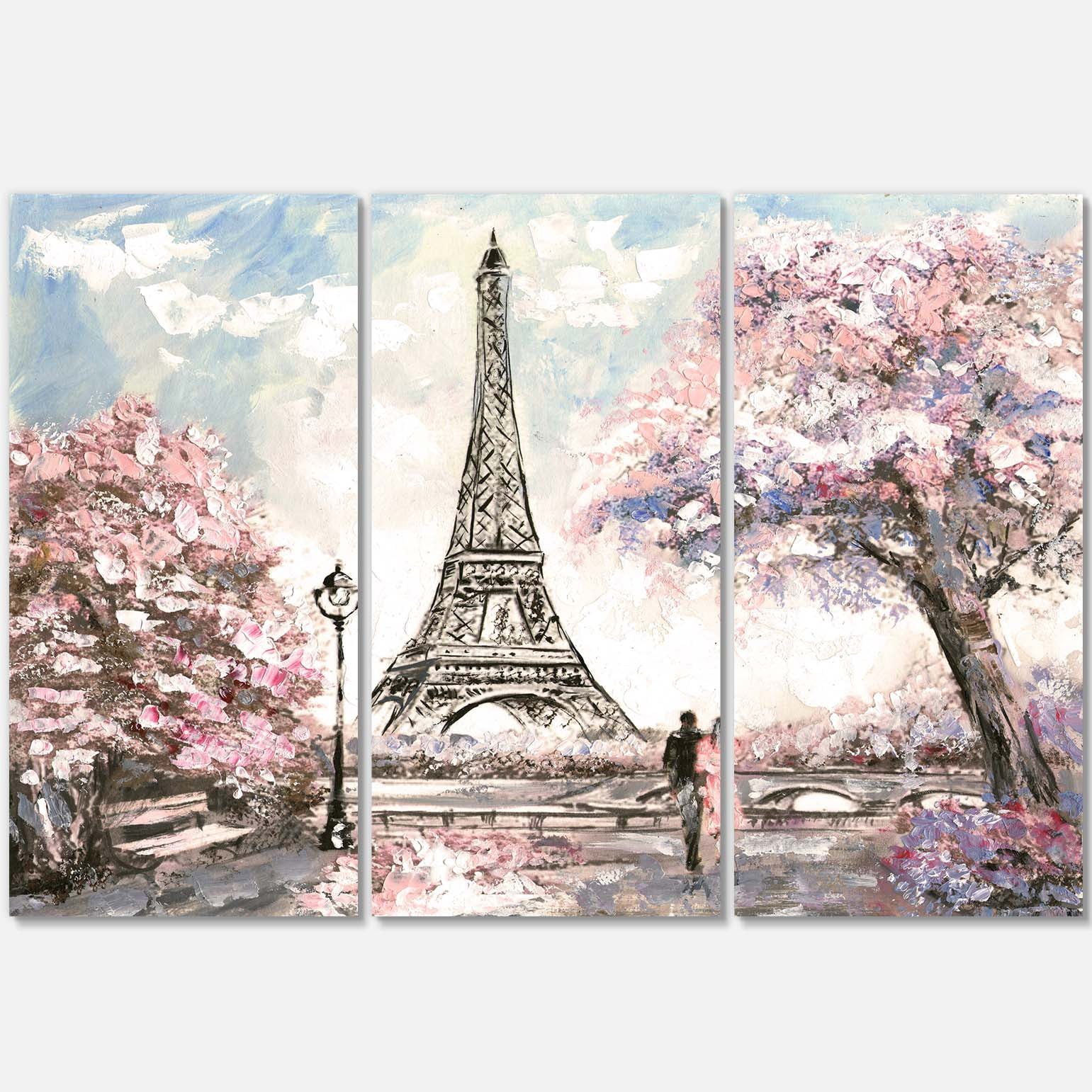 Designart 'Eiffel with Pink Flowers ' Landscape Canvas Art Print