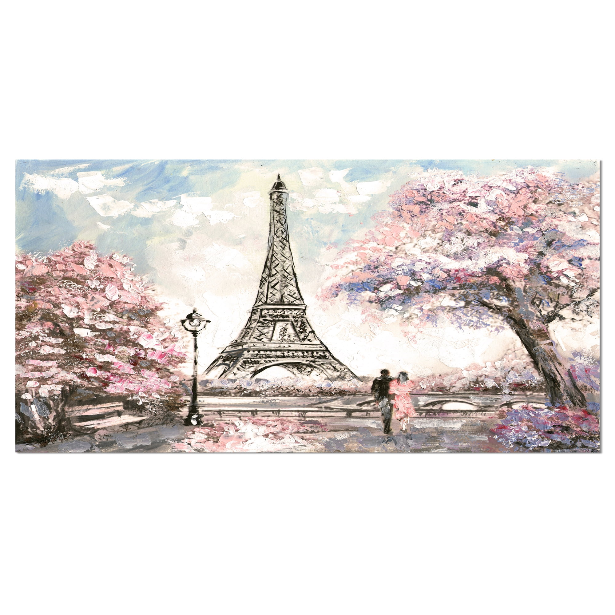 Designart 'Eiffel with Pink Flowers ' Landscape Canvas Art Print
