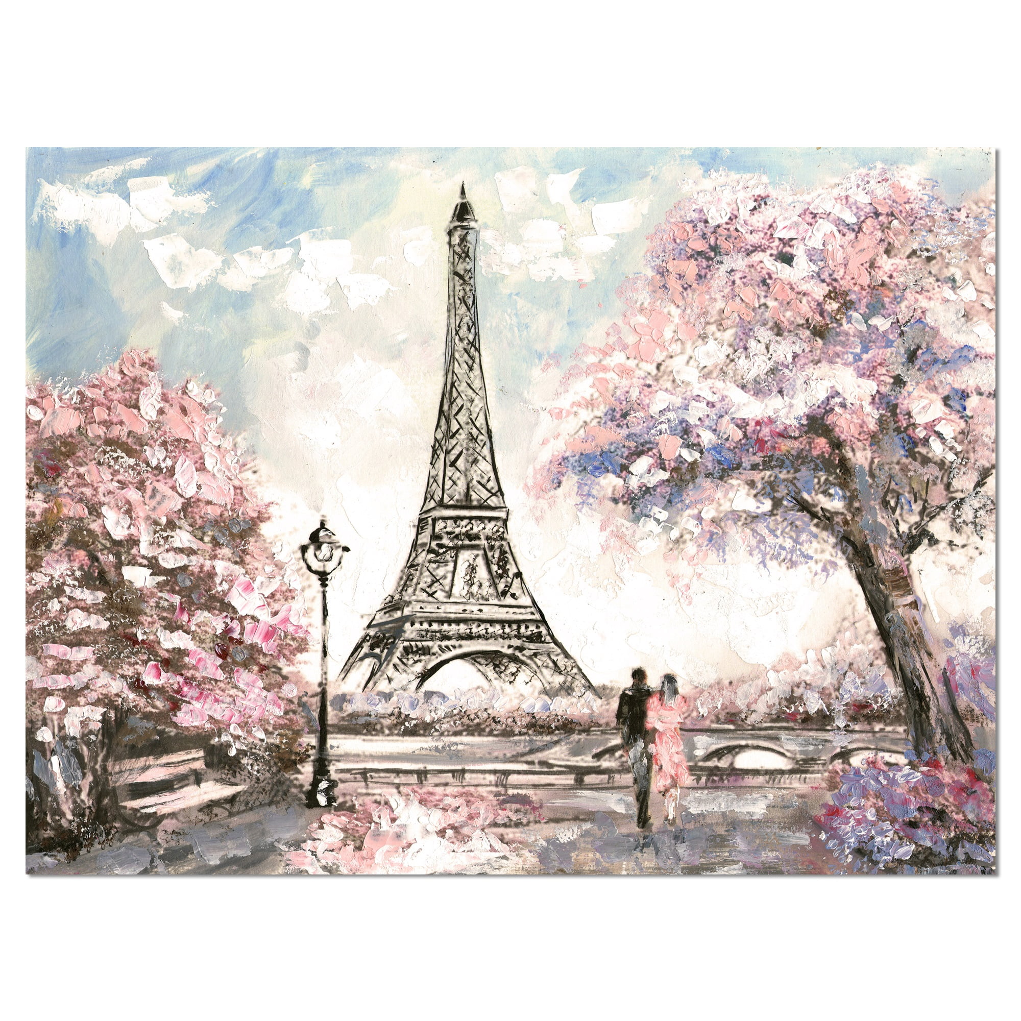 Designart 'Eiffel with Pink Flowers ' Landscape Canvas Art Print