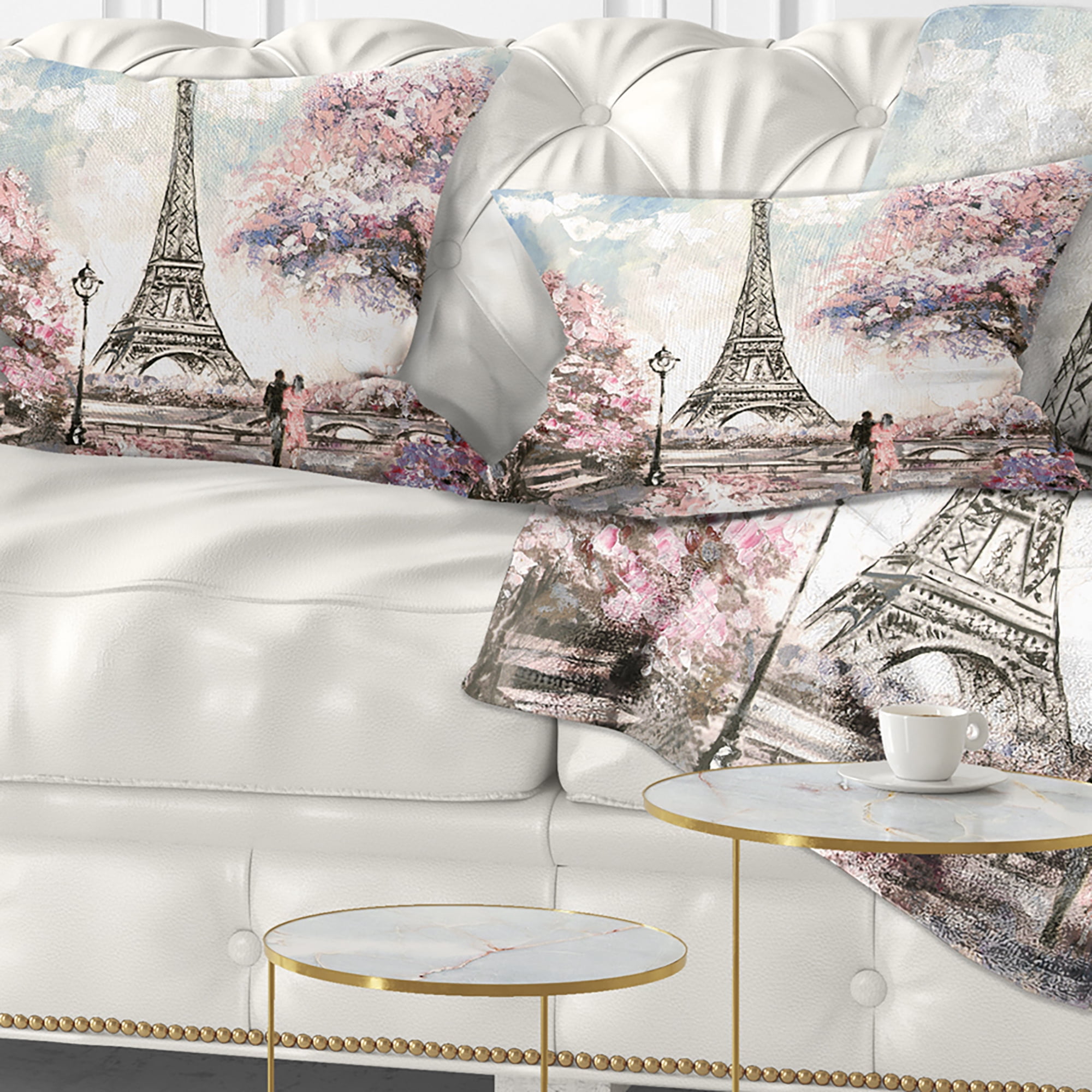 Designart Eiffel with Pink Flowers - Landscape Printed Throw Pillow - 12x20