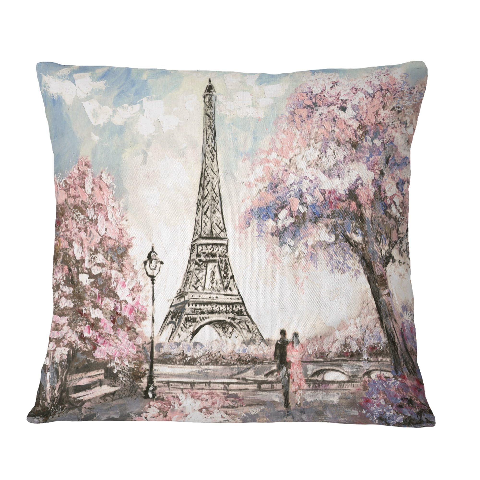 Designart Eiffel with Pink Flowers - Landscape Printed Throw Pillow - 16x16