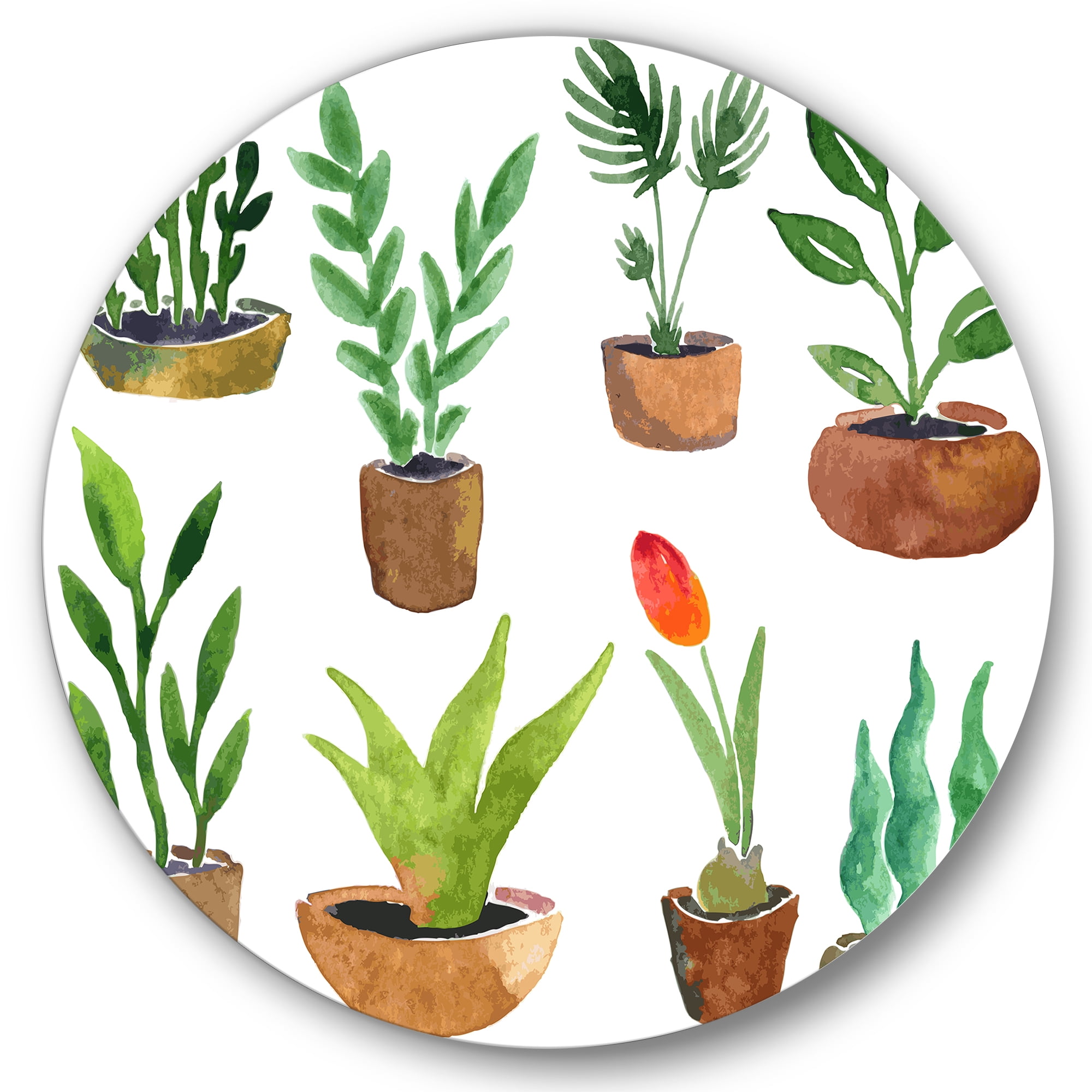 Designart 'Eight House Plants In Claypots' Traditional Circle Metal Wall Art 36x36 - Disc of 36