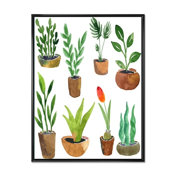 Designart 'Eight House Plants In Claypots' Traditional Framed Canvas Wall Art Print