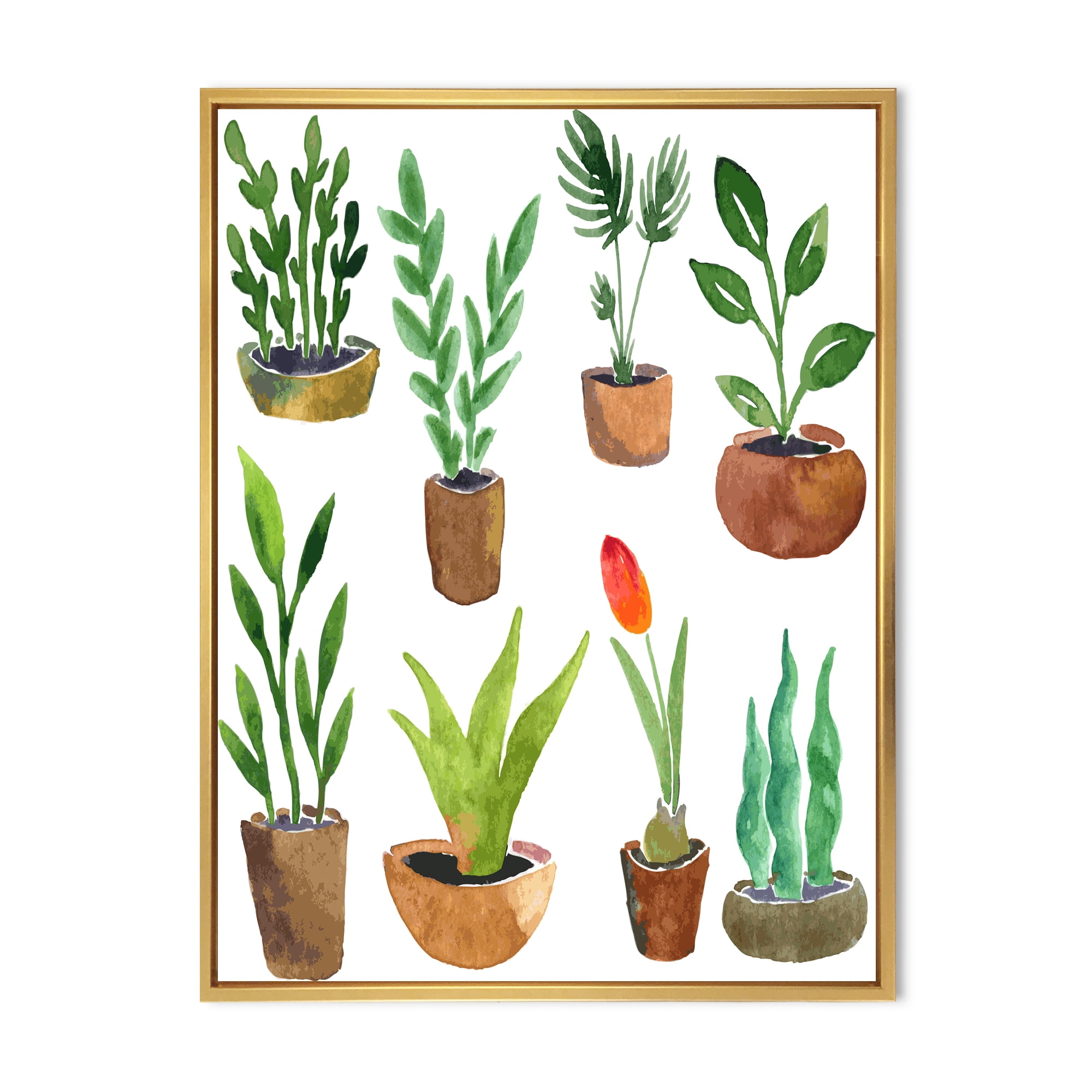 Designart 'Eight House Plants In Claypots' Traditional Framed Canvas Wall Art Print