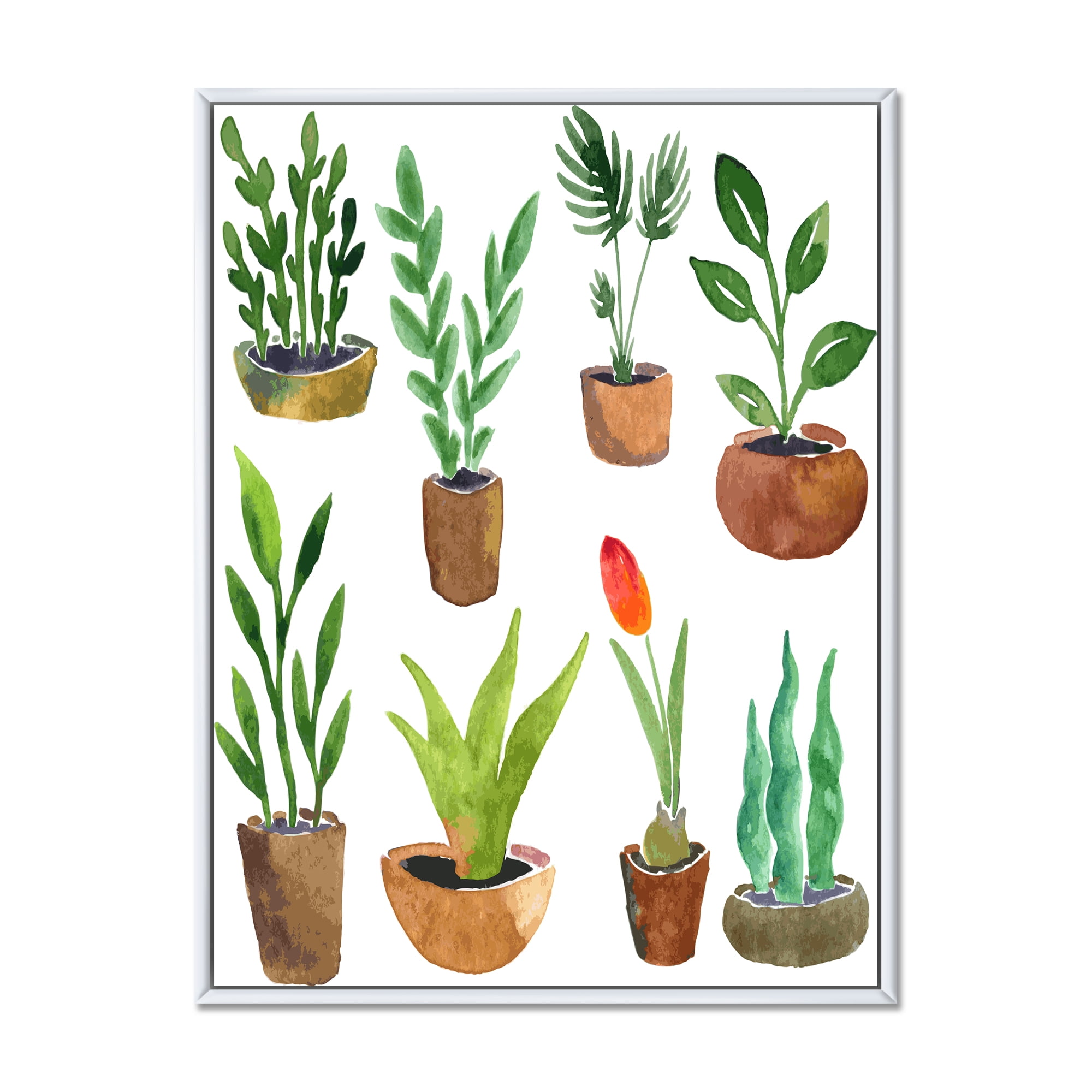 Designart 'Eight House Plants In Claypots' Traditional Framed Canvas Wall Art Print