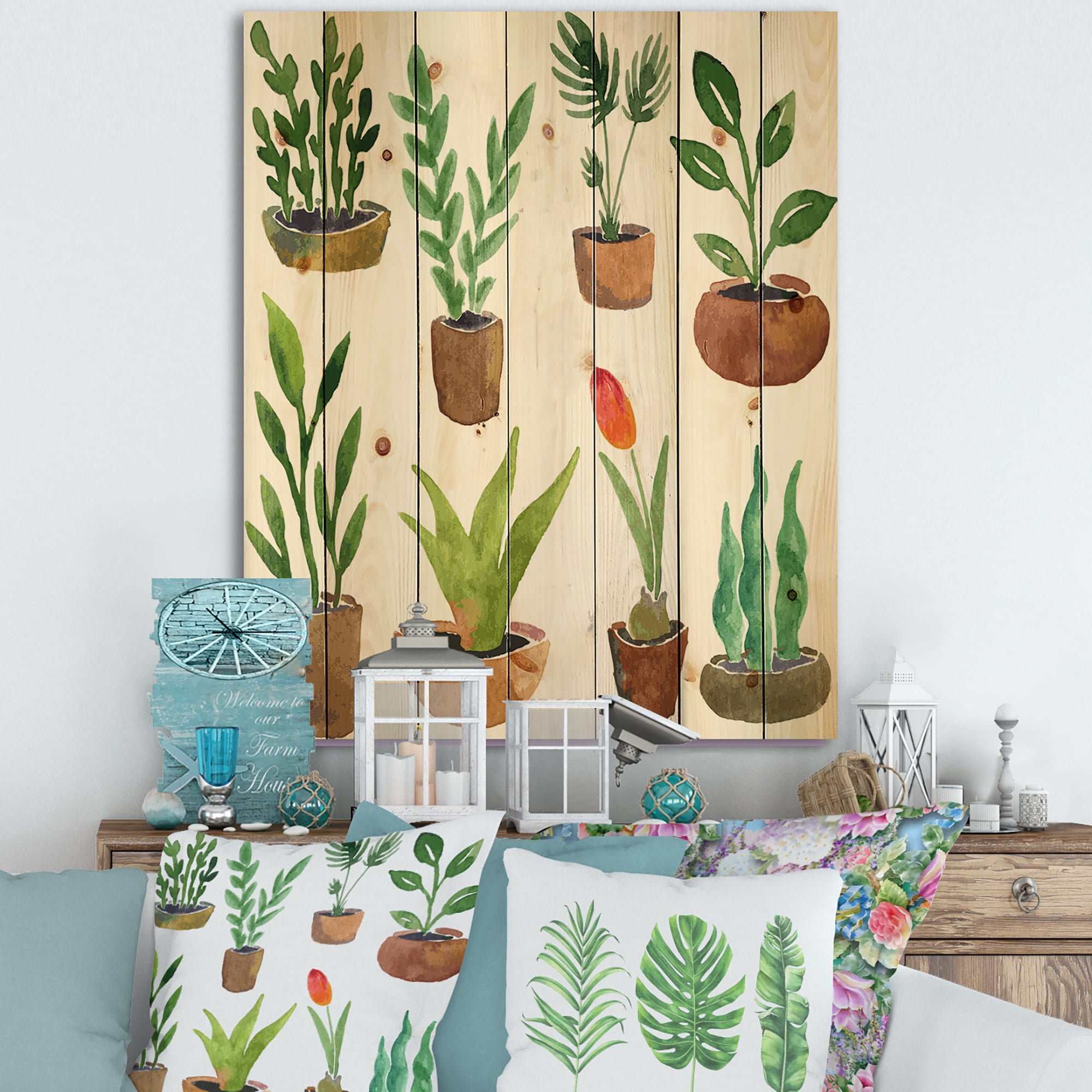 Designart 'Eight House Plants In Claypots' Traditional Print on Natural Pine Wood