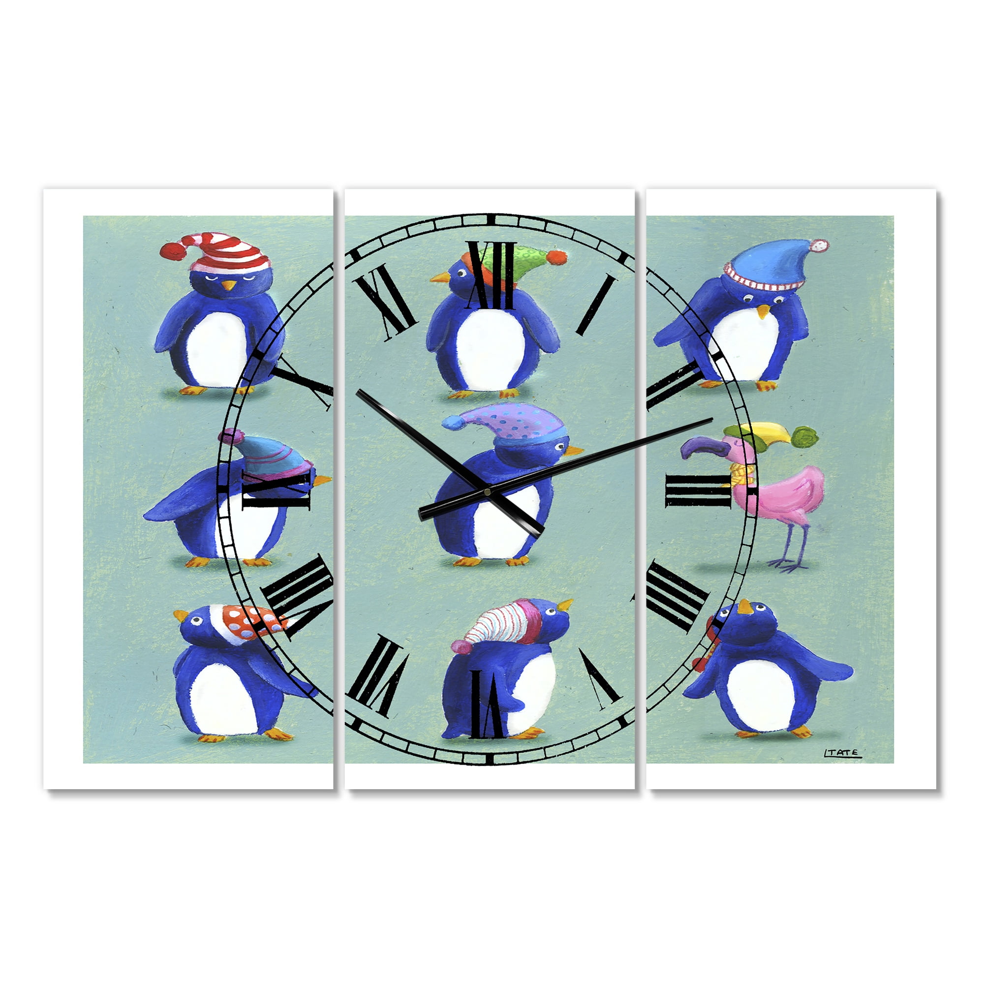 Designart 'Eight Penguins And A Flamingo' Large Nautical & Coastal Wall Clock