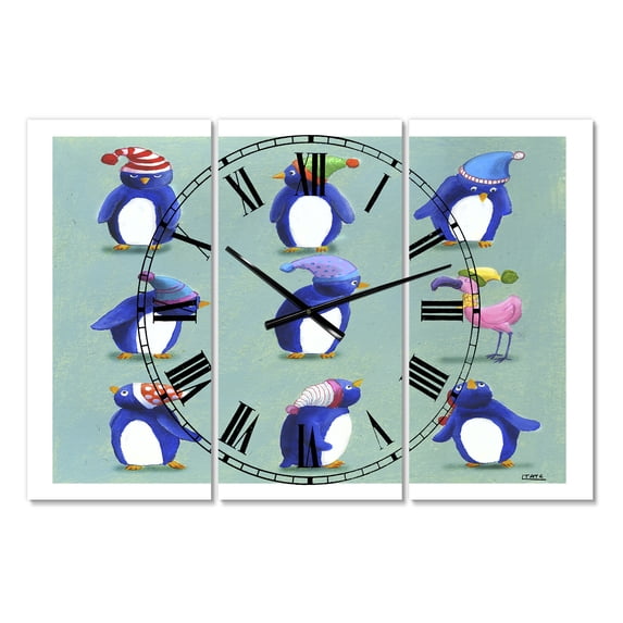 Designart 'Eight Penguins And A Flamingo' Large Nautical & Coastal Wall Clock