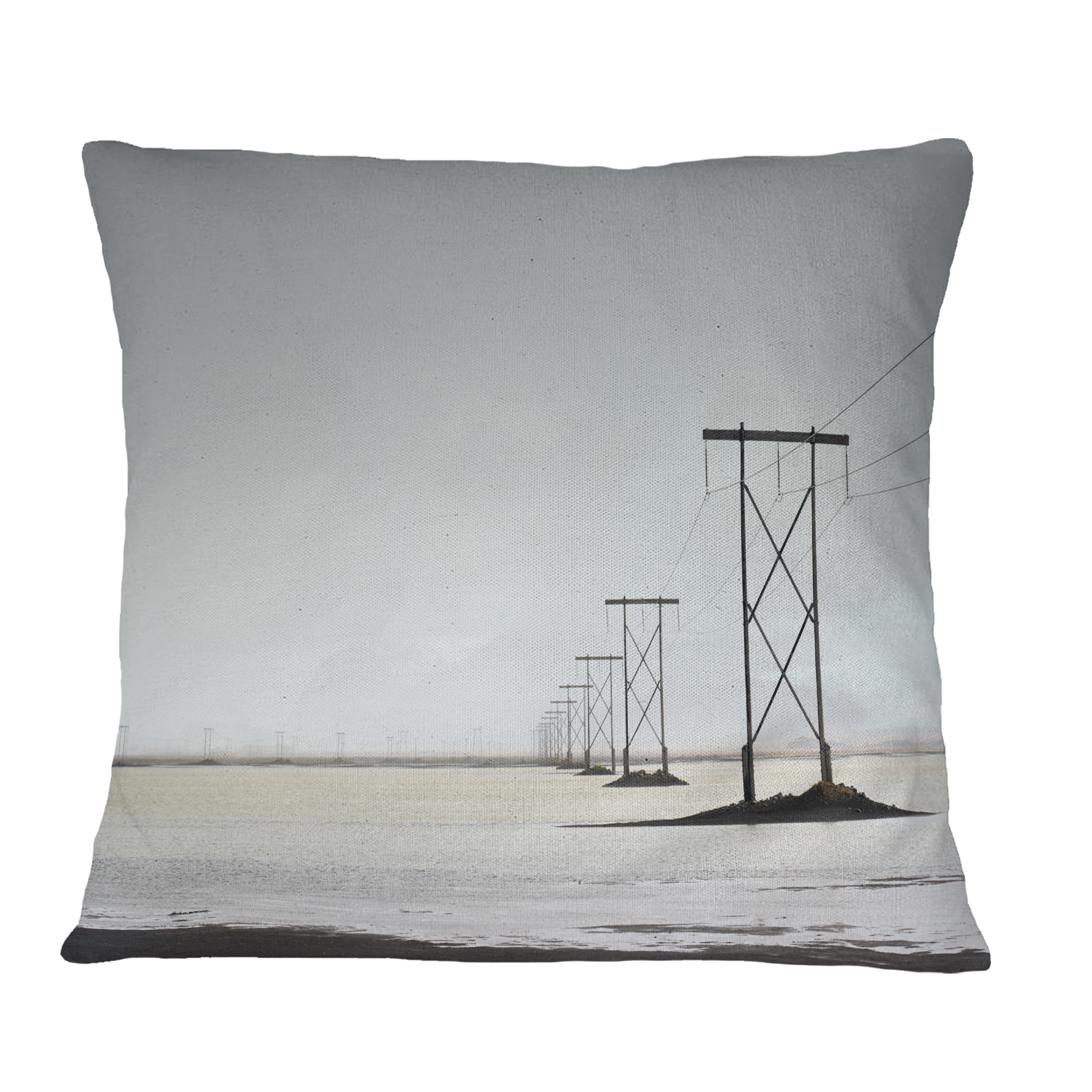 Designart Electricity Pylons over Lagoon - Landscape Printed Throw Pillow - 16x16