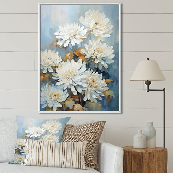 Designart "Elegance And Fragrance Of White And Blue Mums IV" Mums Floater Framed Wall Art Prints
