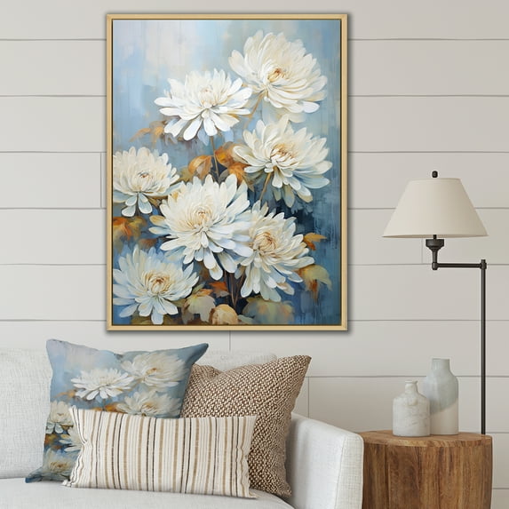 Designart "Elegance And Fragrance Of White And Blue Mums IV" Mums Floater Framed Wall Art Prints