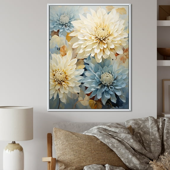 Designart "Elegance And Fragrance Of White And Blue Mums" Mums Floater Framed Canvas Wall Art