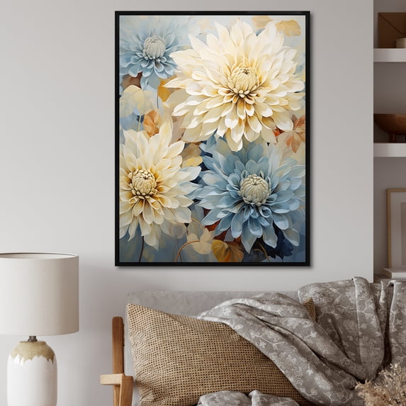 Designart "Elegance And Fragrance Of White And Blue Mums" Mums Floater Framed Canvas Wall Art