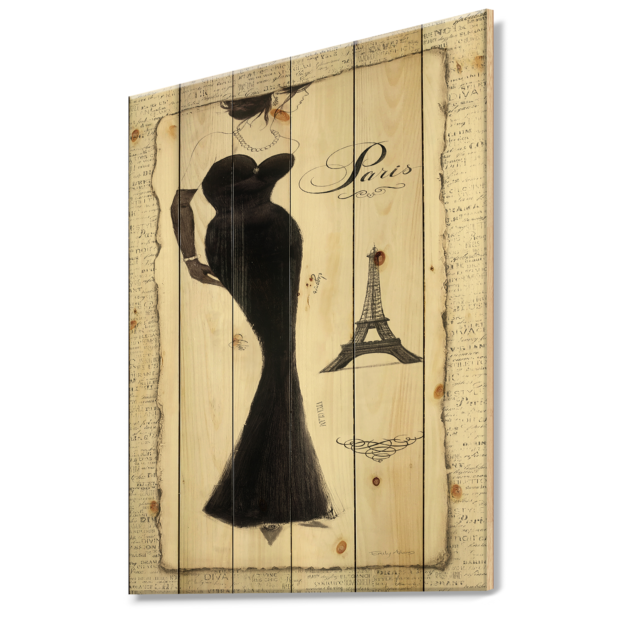 Designart 'Elegance Glam Paris Diva I' Fashion Print on Natural Pine Wood