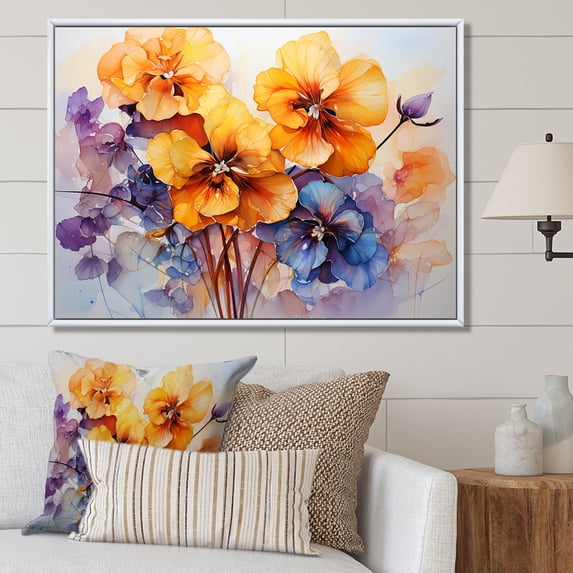 Designart "Elegance In A Gilded Bouquet Of Pansies II" Pansies Floater Framed Wall Art Living Room