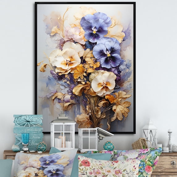 Designart "Elegance In A Gilded Bouquet Of Pansies" Pansies Floater Framed Canvas Art Print