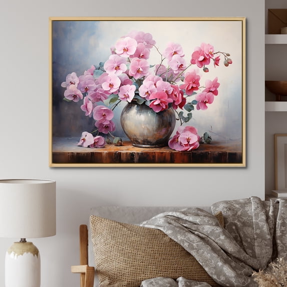 Designart "Elegance In A Pink And Soft Gray Pansy Vase" Pansies Floater Framed Canvas Prints