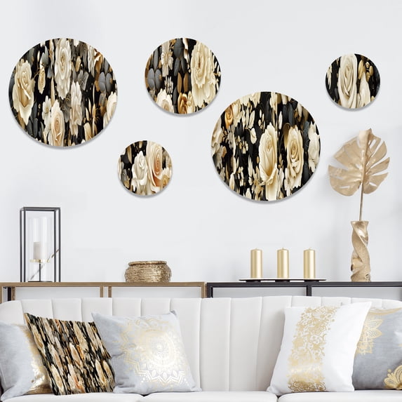 Designart "Elegance In A Timeless Beige Rose Bouquet" Floral Round Wall Art Set Of 5 - Beige Cottage Office Room Wall Art Set