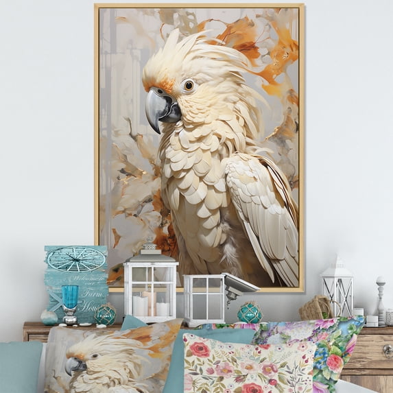 Designart "Elegance In Beige Parrot Feathers II" Parrot Floater Framed Wall Decor