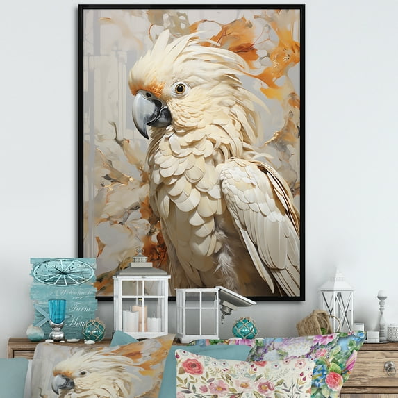 Designart "Elegance In Beige Parrot Feathers II" Parrot Floater Framed Wall Decor