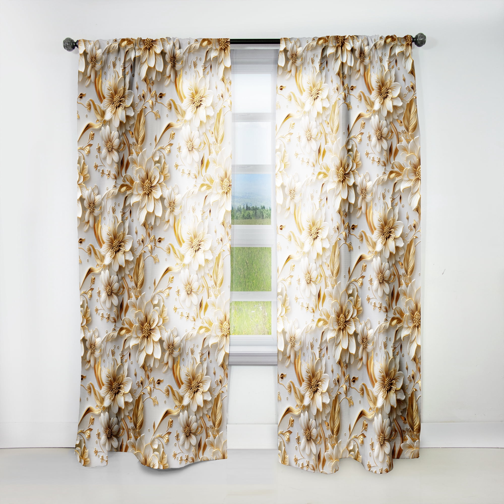 Designart "Elegance In Golden Blue & White III" Marble Glam Curtain ...
