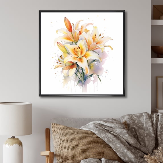 Designart "Elegance In Purity: White And Yellow Lilies" Lilies Floater Framed Wall Art Prints