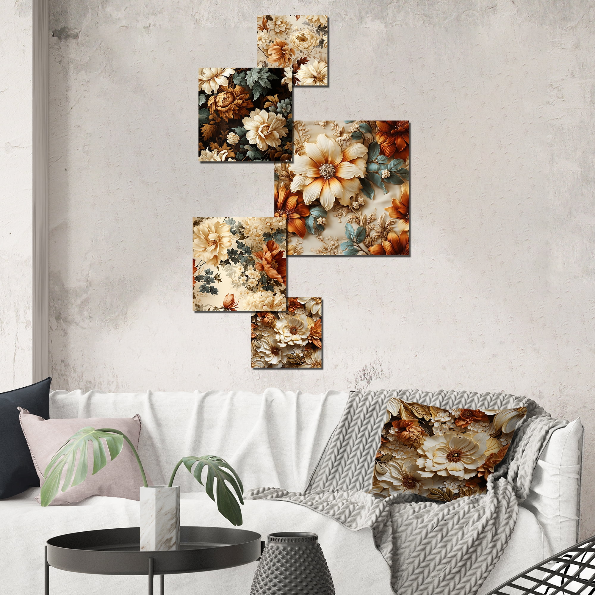 Rustic Brocade Elegance Brown Metal Floral Wall Decor Set of 5