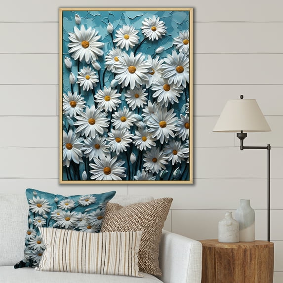 Designart "Elegance In The White Daisy Meadow III" Daisies Floater Framed Wall Decor